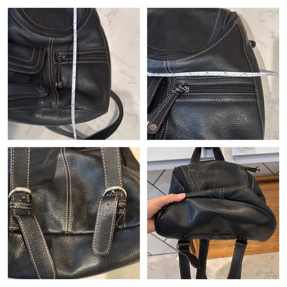 Tignanello Black Leather Backpack Silver Hardware Adjustable Straps minimalist